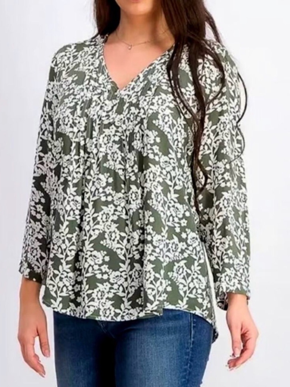 Monday Fun Olive Green Floral V-Neck Long-Sleeve Blouse 2X